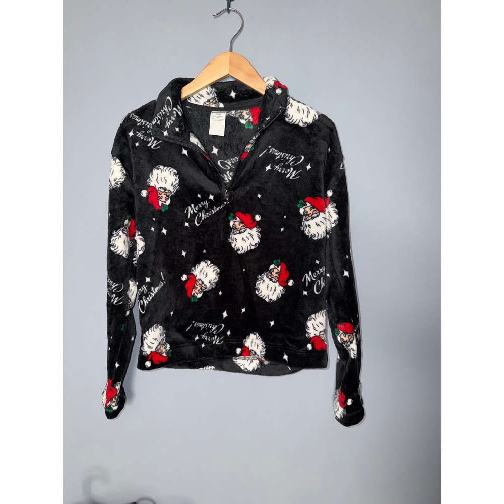 No Boundaries Mens Santa Merry Christmas Plush Fleece Quarter Zip Pullover Black